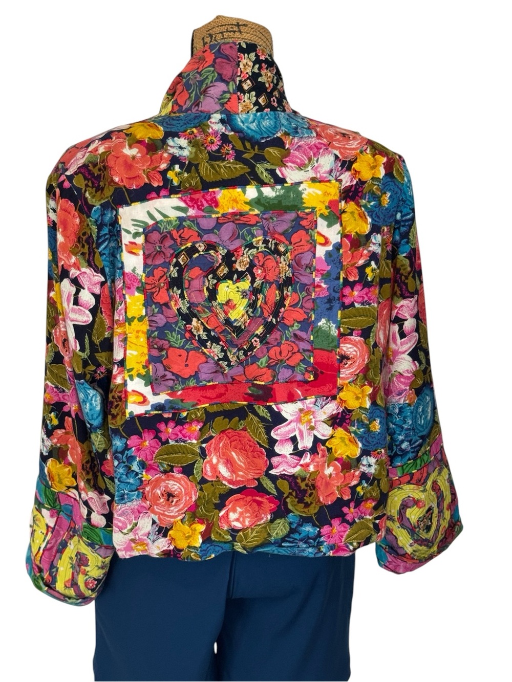 Sandy Starkman Heart Motif Floral Patchwork Jacket Blazer Large 1 Button Granny - Picture 5 of 9